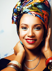 Image showing beauty bright african woman with creative make up, shawl on head