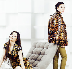 Image showing pretty stylish woman in fashion dress with leopard print together in luxury rich room interior, lifestyle people concept, modern brunette together 