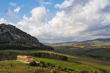 Image showing Landscape of Sicily and ancient greek temple in Segesta archaeological area, Italy.