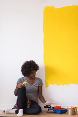 Image showing back female painter sitting on floor