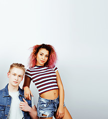 Image showing best friends teenage girl and boy together having fun, posing emotional on white background, couple happy smiling, lifestyle people concept, blond and brunette multi nations