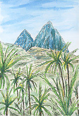 Image showing Caribbean (Leeward Antilles) landscape with two mountain peaks