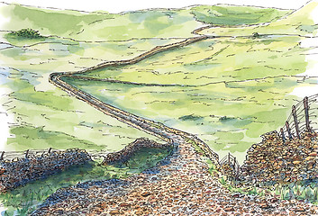 Image showing English hilly meadows and stony road