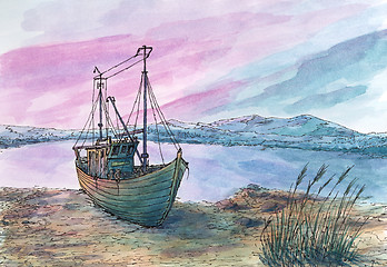 Image showing Small sea bay and fishing boat