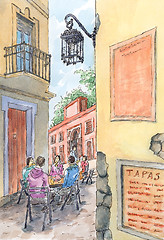 Image showing Spanish old street with seated persons