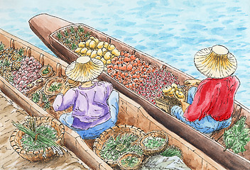Image showing Thai traditional floating market. Two persons selling fruit and 