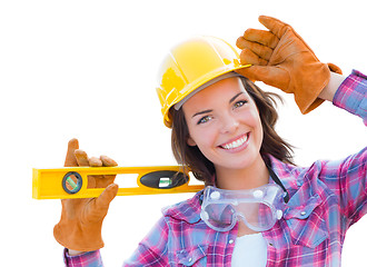 Image showing Female Construction Worker with Level Wearing Gloves, Hard Hat a