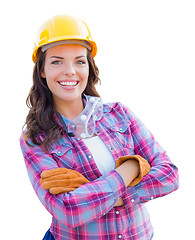 Image showing Female Construction Worker Wearing Gloves, Hard Hat and Protecti