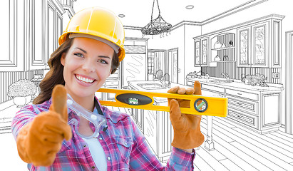 Image showing Female Construction Worker With Thumbs Up Holding Level In Front