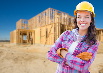 Image showing Young Attractive Female Construction Worker Wearing Gloves, Hard