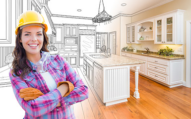 Image showing Female Construction Worker In Front of Custom Kitchen Drawing Gr