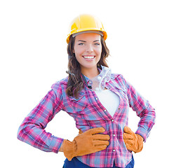 Image showing Female Construction Worker Wearing Gloves, Hard Hat and Protecti