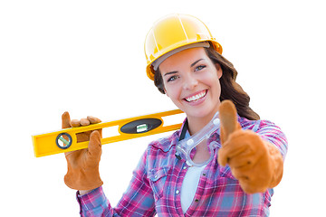 Image showing Female Construction Worker with Thumbs Up Holding Level Wearing 