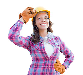 Image showing Female Construction Worker Wearing Gloves, Hard Hat and Protecti