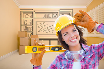 Image showing Female Construction Worker Holding Level In Front of Custom Buil