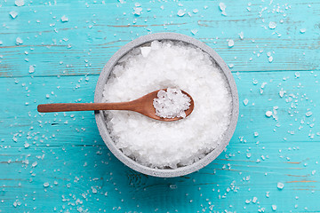 Image showing sea salt on wooden background