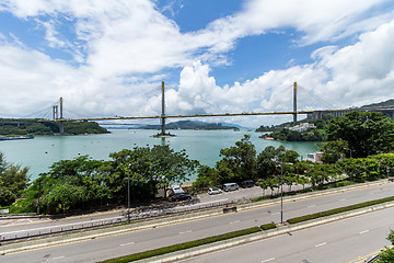 Image showing Ting Kau bridge with sunshine