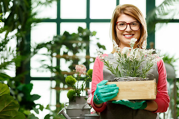 Image showing Happy woman with flower box