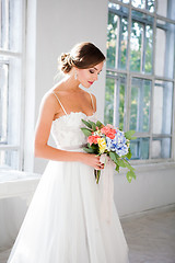 Image showing Beautiful bride in wedding dress, white background