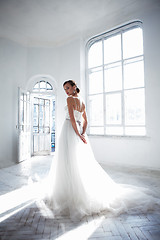 Image showing Beautiful bride in wedding dress, white background
