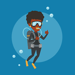 Image showing Woman diving with scuba and showing thumb up.