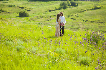 Image showing Just married loving couple in wedding dress on green field in a forest at summer