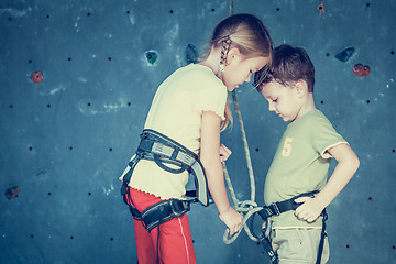 Image showing brother and sister standing near a rock wall for climbing 