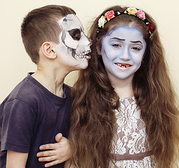 Image showing zombie apocalypse kids concept. Birthday party celebration facepaint on children dead bride, scar face, skeleton together, halloween holiday