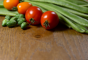 Image showing Cucamelons, orange and red tomatoes and runner beans