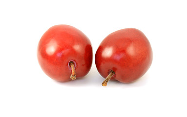 Image showing Two ripe red plums with stalks