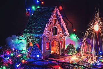 Image showing Gingerbread house with lights