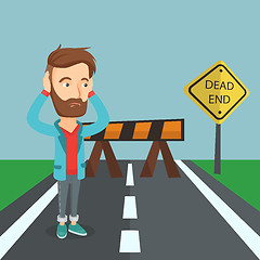Image showing Business man looking at road sign dead end.