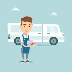 Image showing Baker delivering cakes vector illustration.