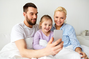 Image showing happy family taking selfie by smartphone at home