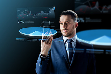 Image showing businessman with smartphone and virtual charts