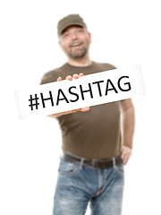 Image showing bearded man white board hashtag