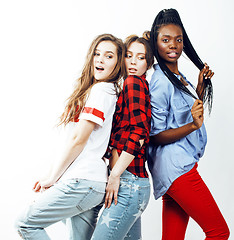 Image showing diverse multi nation girls group, teenage friends company cheerful having fun, happy smiling, cute posing isolated on white background, lifestyle people concept, african-american and caucasian 