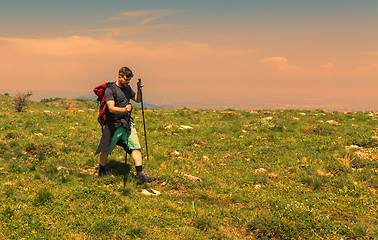 Image showing Man Hiking in Green Mountains