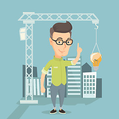 Image showing Man pointing at idea bulb hanging on crane.