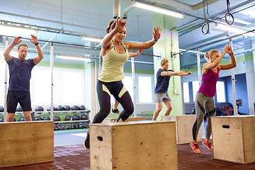 Image showing group of people doing box jumps exercise in gym