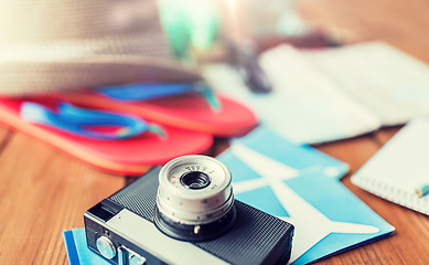 Image showing close up of camera, tickets and travel stuff