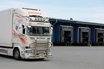 Image showing White Scania Refrigerated Transport Truck at Warehouse Yard