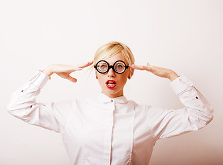 Image showing bookworm, cute young blond woman in glasses, blond hair, teenage