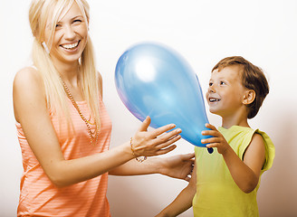 Image showing pretty real family with color balloons on white background, blon