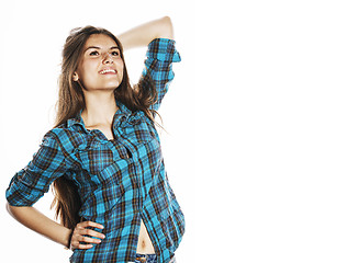 Image showing young pretty woman posing on white background isolated emotional