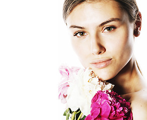 Image showing young beauty woman with flower peony pink closeup makeup soft te