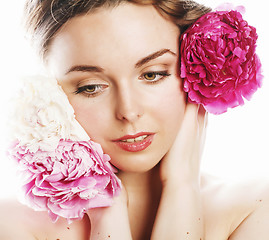 Image showing young beauty woman with flower peony pink closeup makeup soft te