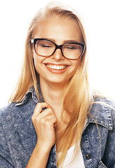 Image showing young pretty girl teenager in glasses on white isolated blond ha