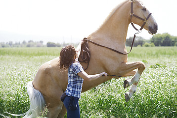 Image showing Woman training horse to rear up