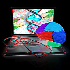 Image showing Laptop, brain and Stethoscope. 3d illustration. Anaglyph. View w